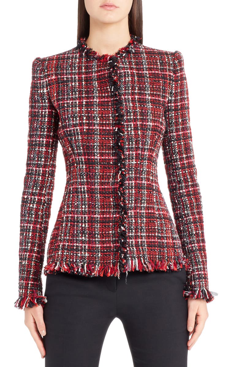 McQueen Alexander McQueen Frayed Artisan Tweed Jacket, Main, color, 