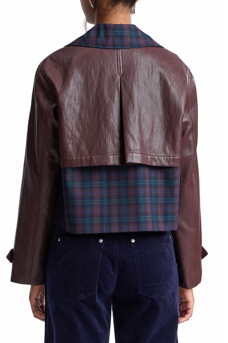 Colorblock Faux Leather Cropped Jacket, Alternate, color, BLUE PLAID- BURGUNDY