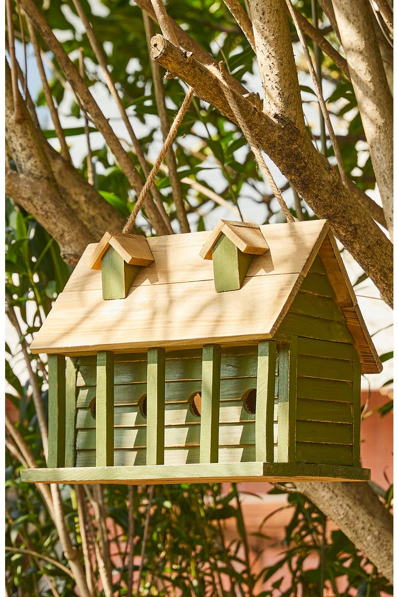14.25"L Oversized Distressed Solid Wood Cottage Birdhouse with Natural Wood Roof, Alternate, color, Green