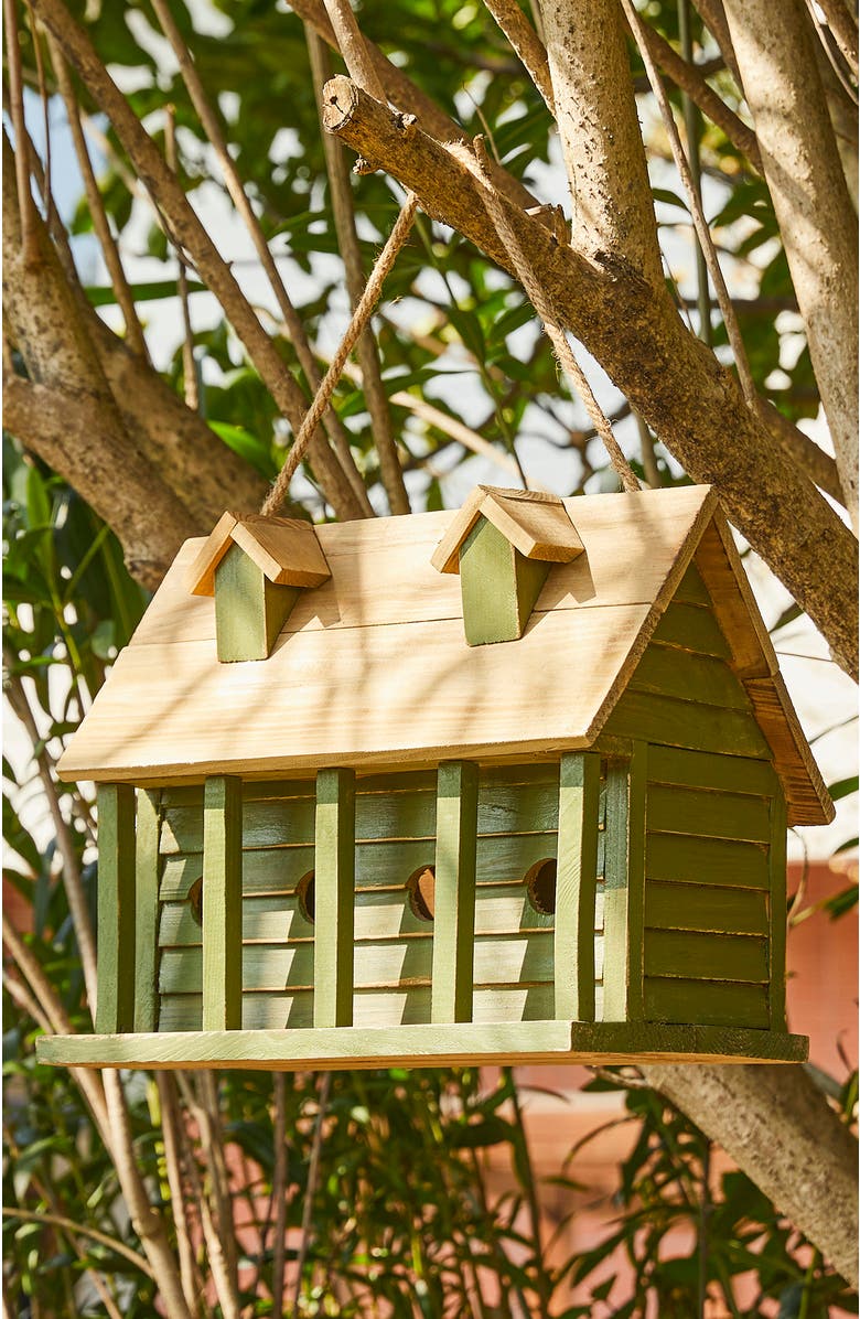 Glitzhome 14.25"L Oversized Distressed Solid Wood Cottage Birdhouse with Natural Wood Roof, Alternate, color, Green