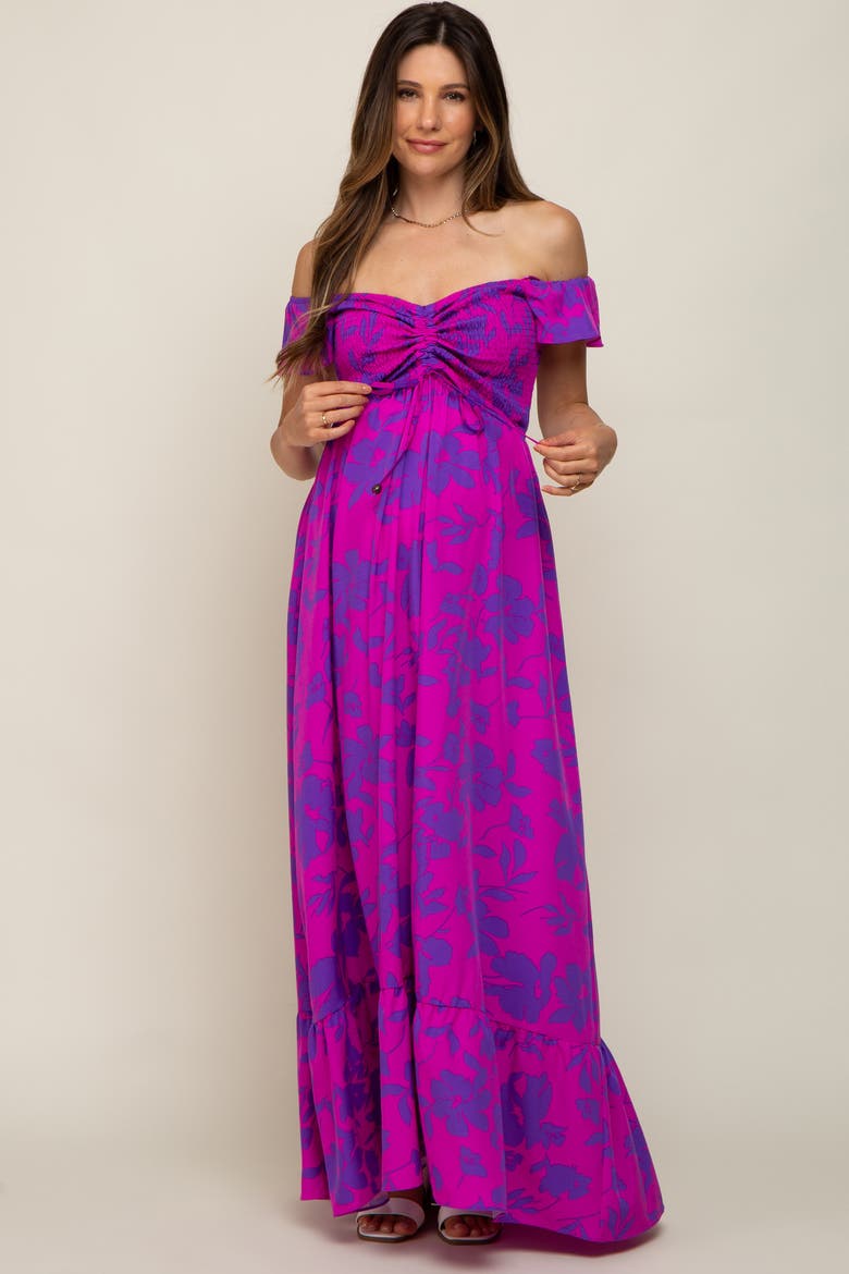 Floral Smocked Cinched Top Maxi Dress, Alternate, color, Magenta