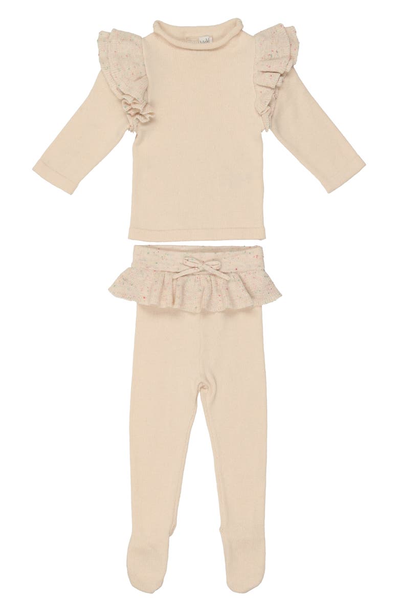 Manière Flecked Ruffle Long Sleeve Cotton Blend Top & Leggings Set, Main, color, Confetti