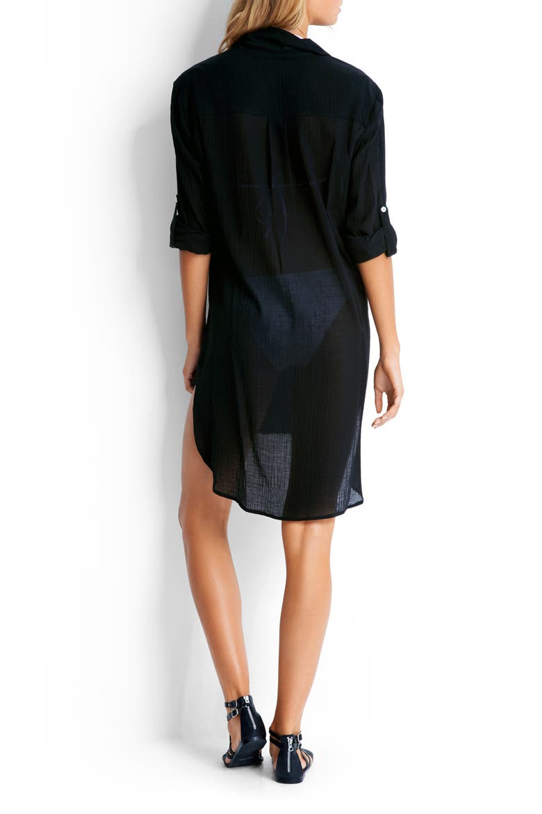 Crinkle Twill Beach Cover-Up Dress, Alternate, color, BLACK