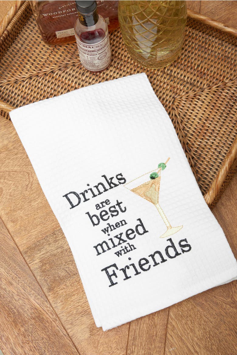 "Drinks Are Best With Friends" Waffle Weave Dishtowel, Alternate, color, Black