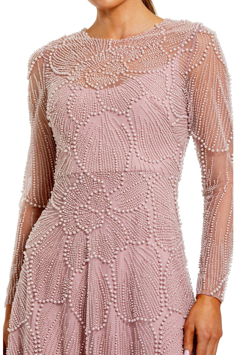 Beaded Mesh High Neck Long Sleeve A Line Gown, Alternate, color, Mocha