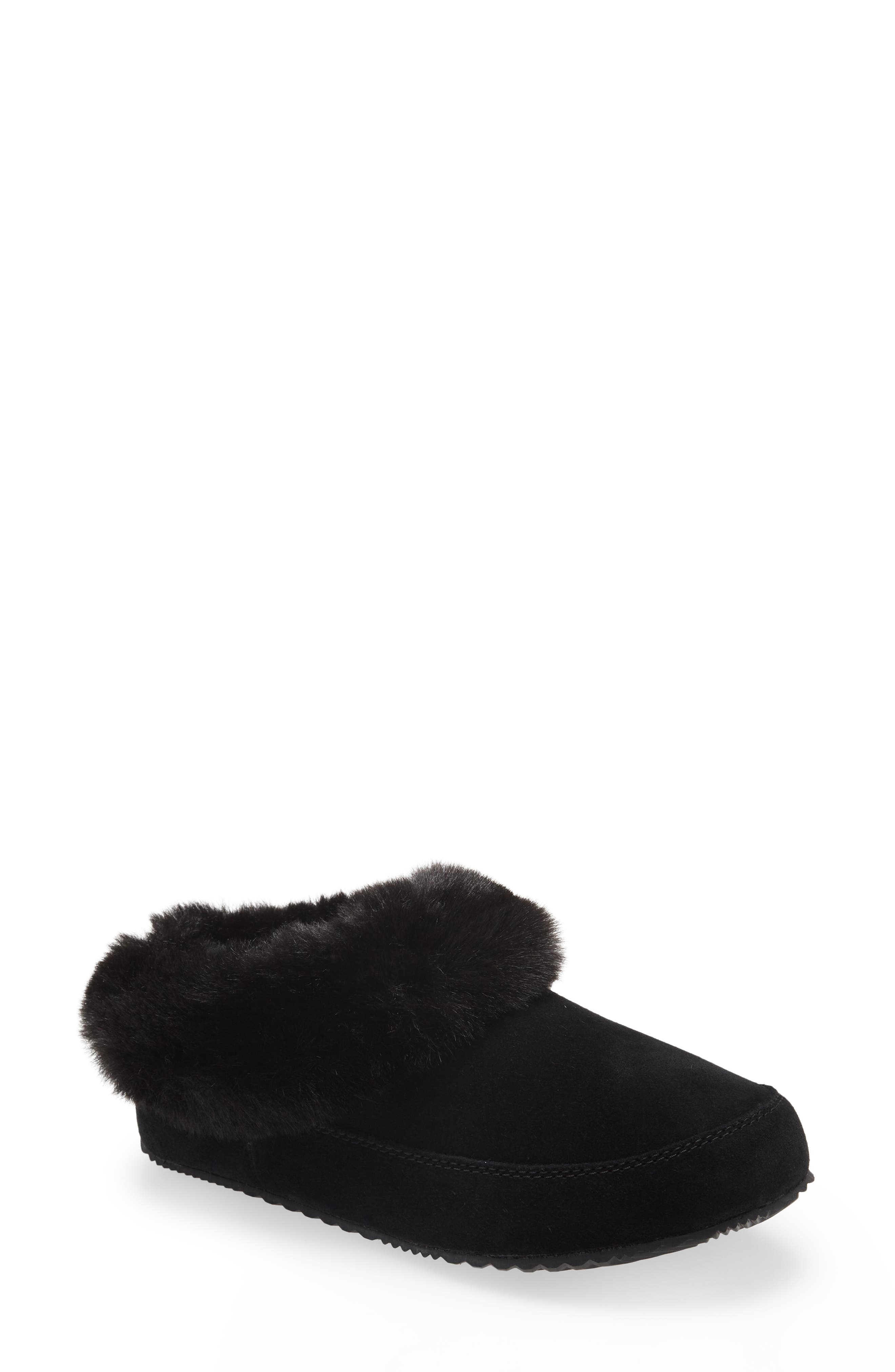 SOREL Go Coffee Run Faux Fur Slipper, Main, color, Black Sea Salt