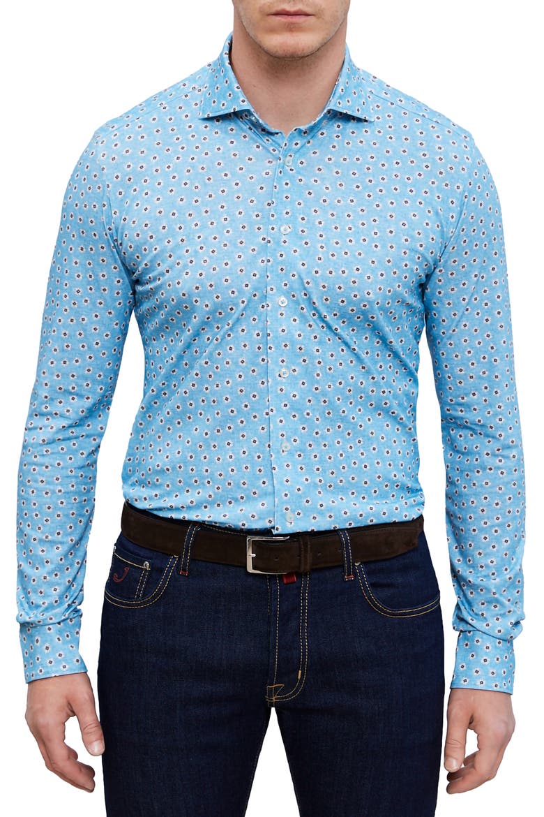 4Flex Modern Fit Floral Knit Button-Up Shirt, Main, color, TURQUOISE