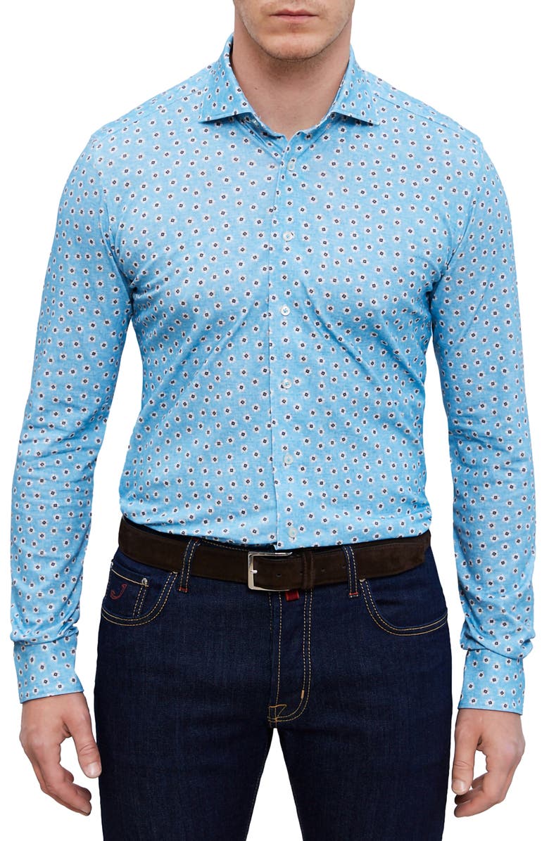Emanuel Berg 4Flex Modern Fit Floral Knit Button-Up Shirt, Main, color, Turquoise