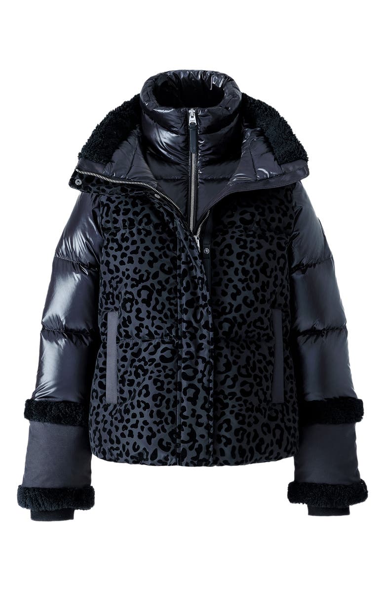 Mackage Lydana Leopard Pattern Down Jacket with Genuine Shearling Trim and Removable Bib, Alternate, color, Black-Black