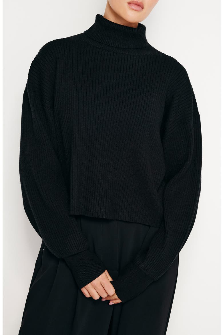 Rib Bishop Sleeve Turtleneck Sweater, Main, color, BLACK001