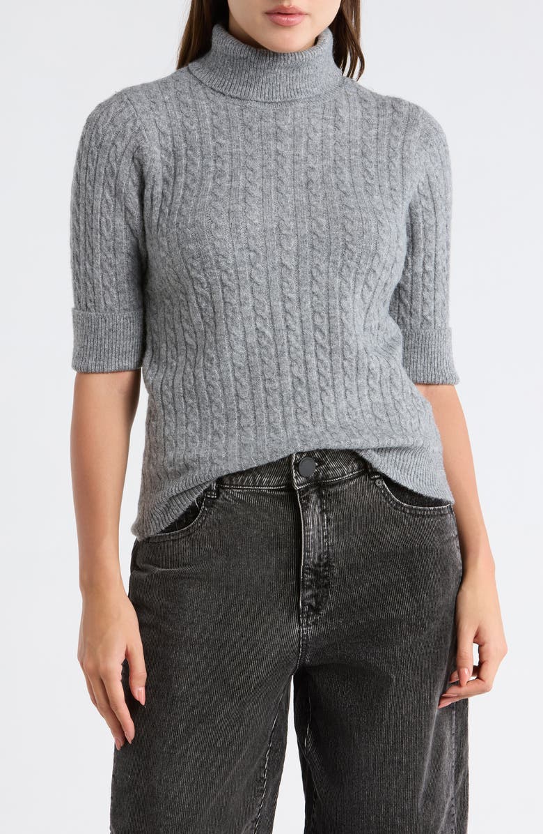 Democracy Cable Knit Elbow Sleeve Turtleneck Sweater, Main, color, Charcoal