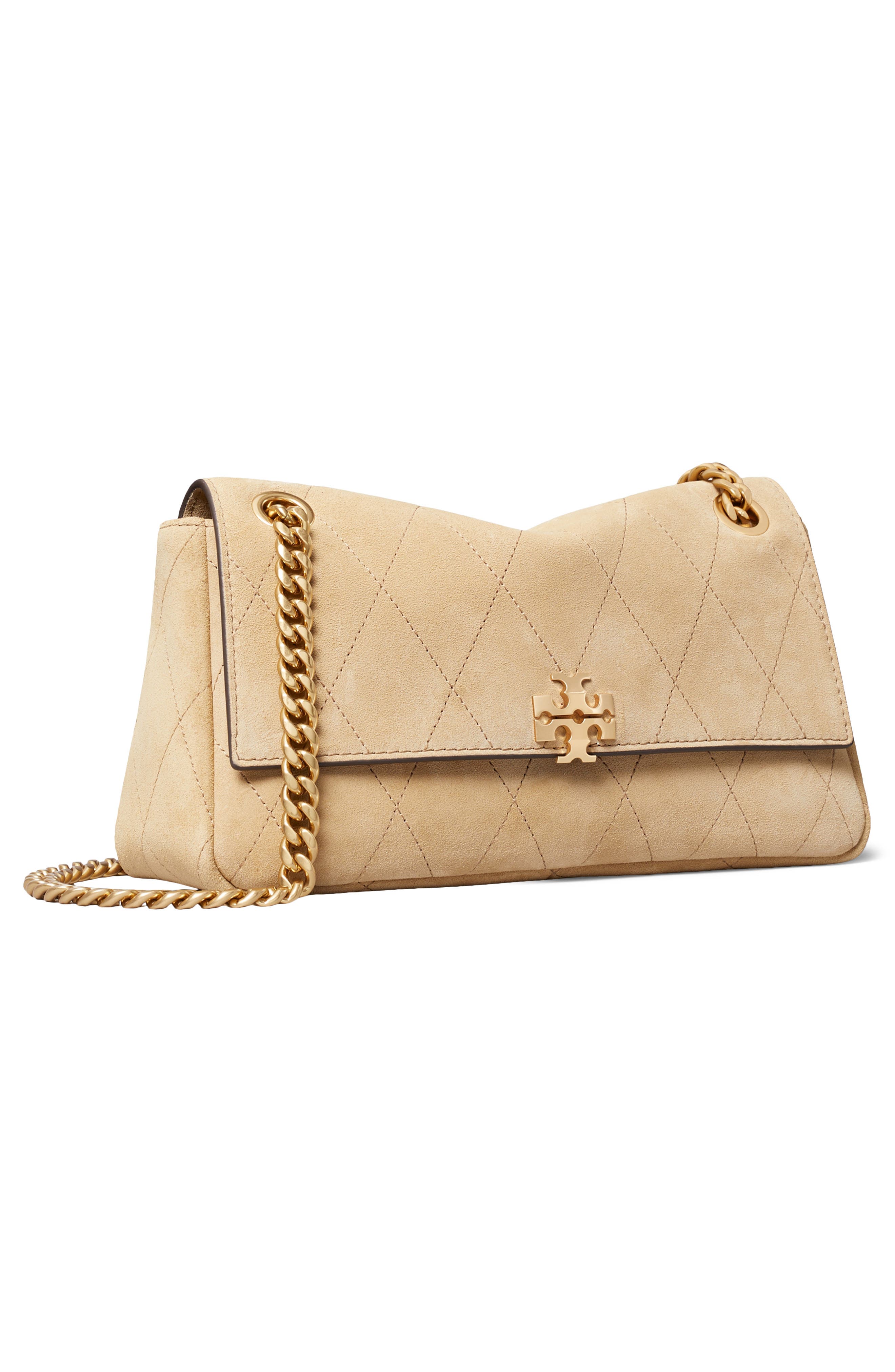 Tory Burch Charlie Quilted Suede Shoulder Bag, Alternate, color, Stone