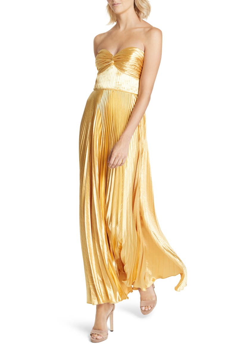 Belle Pleated Satin Strapless Gown, Alternate, color, GOLD