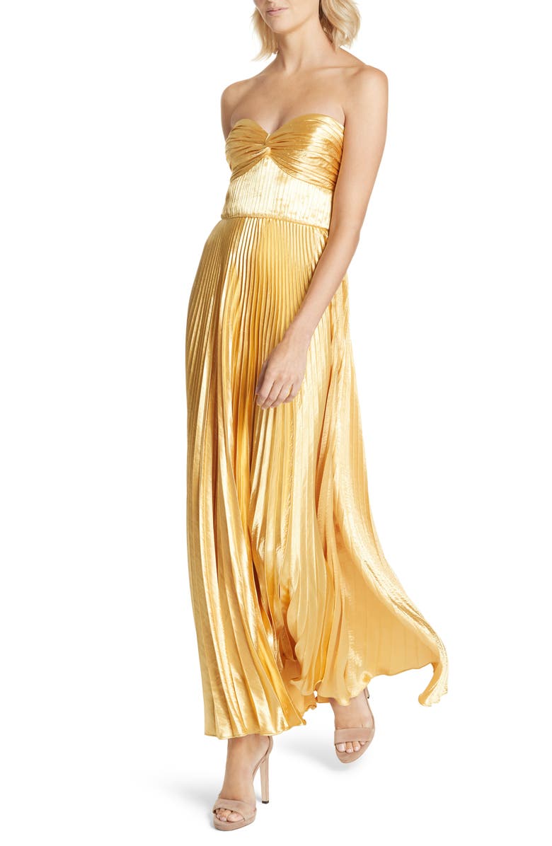 AMUR Belle Pleated Satin Strapless Gown, Alternate, color, 