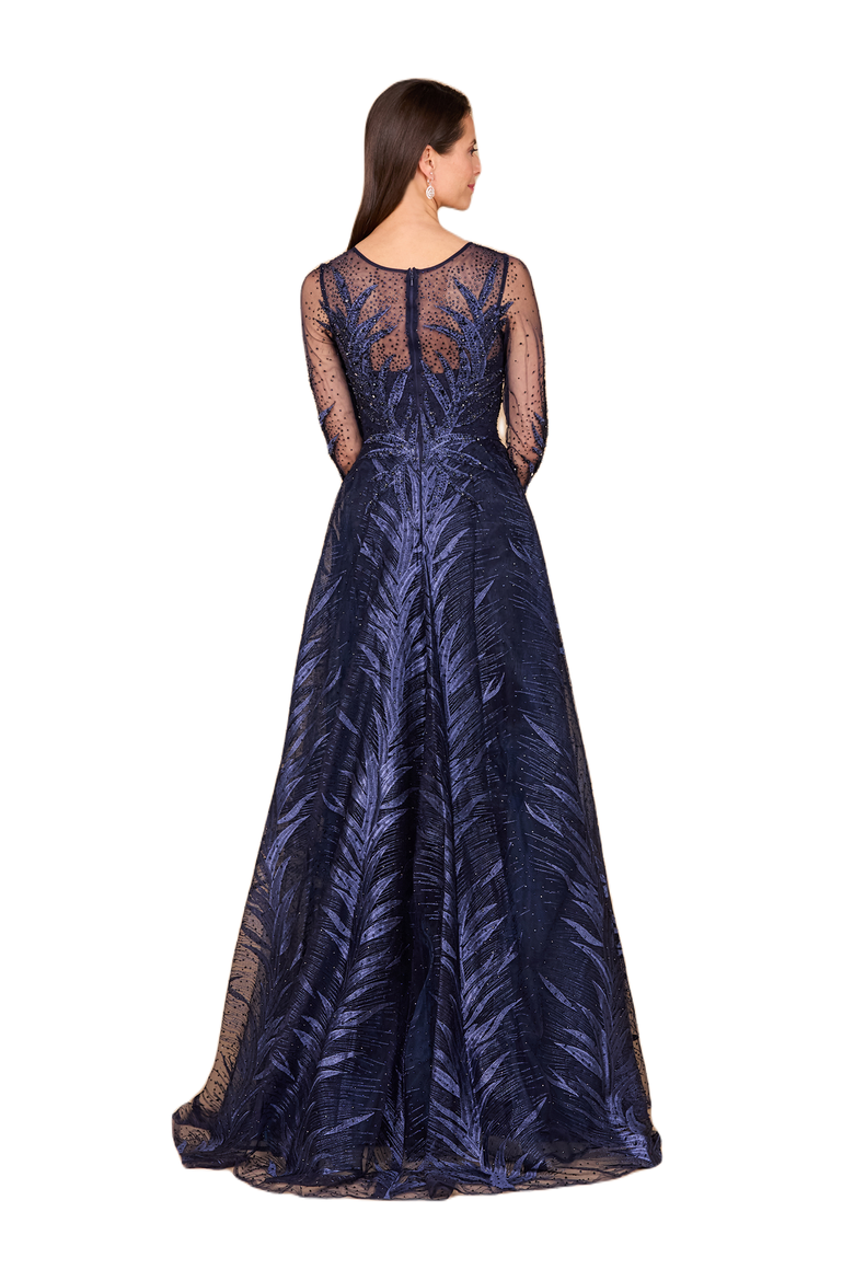 High Neck Sheer Long Sleeve Embellished Gown, Alternate, color, Navy