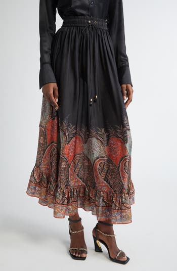 Zimmermann Rhiannon Paisley Print Ruffle Silk Maxi Skirt