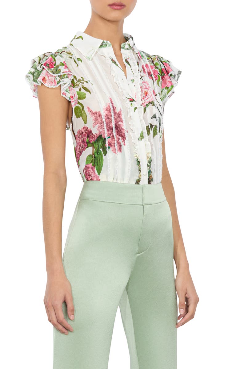 Alice + Olivia Minda Ruffle & Lace Silk Shirt, Alternate, color, 