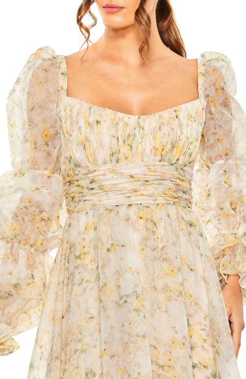 Mac Duggal Sweetheart Balloon Sleeve Chiffon Tiered Gown In White Multi