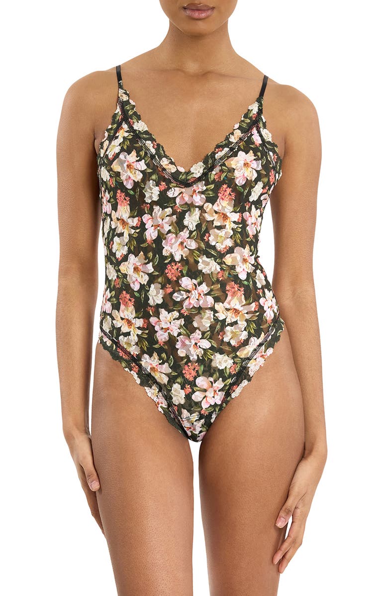 Hanky Panky Lace Thong Bodysuit, Main, color, Dark Room Blooms