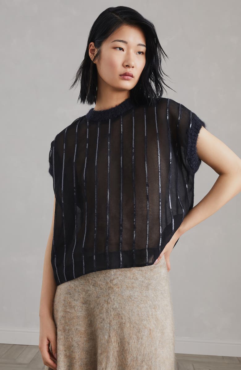 Brunello Cucinelli Crispy silk T-shirt with dazzling alpaca stripes, Alternate, color, 