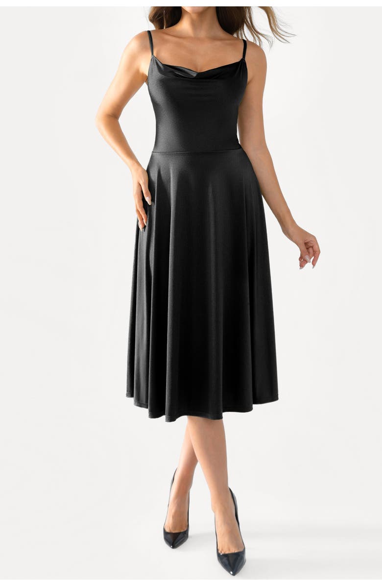 Popilush Shapewear Strappy Cowl Neck Vacation & Date Night Fit & Flare Midi Dress, Alternate, color, Midnight Black