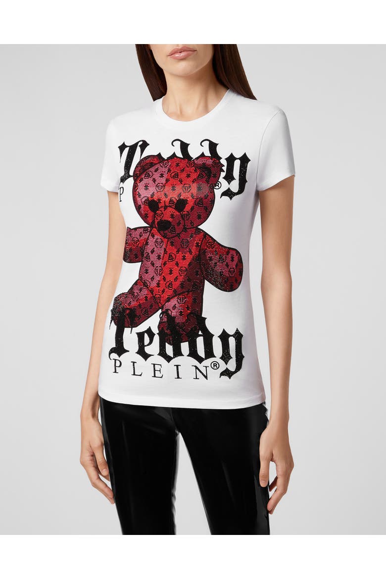 T-Shirt Round Neck Ss Monogram Teddy Bear Women, Main, color, white