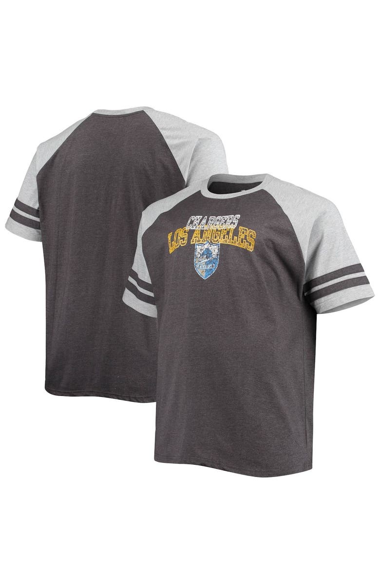 FANATICS Men's Fanatics Branded Heathered Black/Heathered Gray Los Angeles Chargers Big & Tall Two-Stripe Raglan T-Shirt, Main, color,