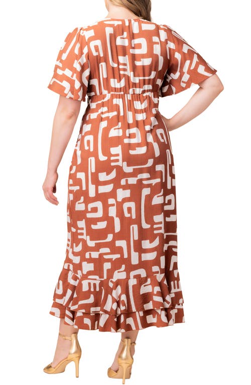 Kiyonna Alexandra Floral Print Ruffle Wrap Front Maxi Dress In Brown