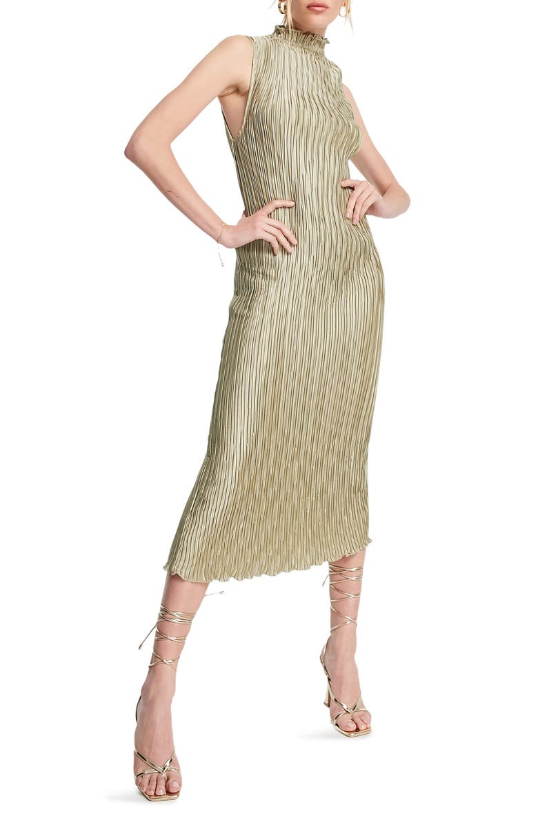ASOS DESIGN Plissé Sleeveless Satin Midi Dress, Main, color, 