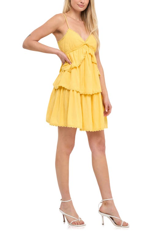 Free The Roses Lace Trim Tiered Minidress In Yellow