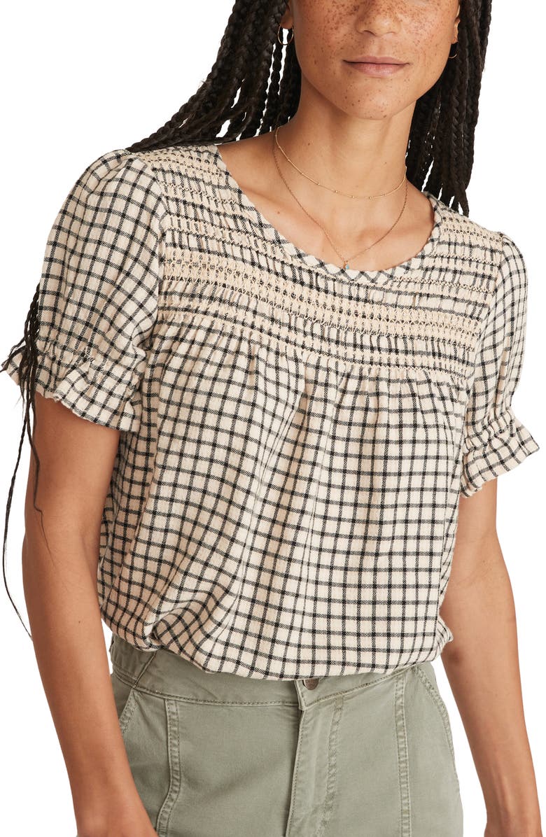 Marine Layer Elena Windowpane Plaid Smocked Yoke Top, Main, color,