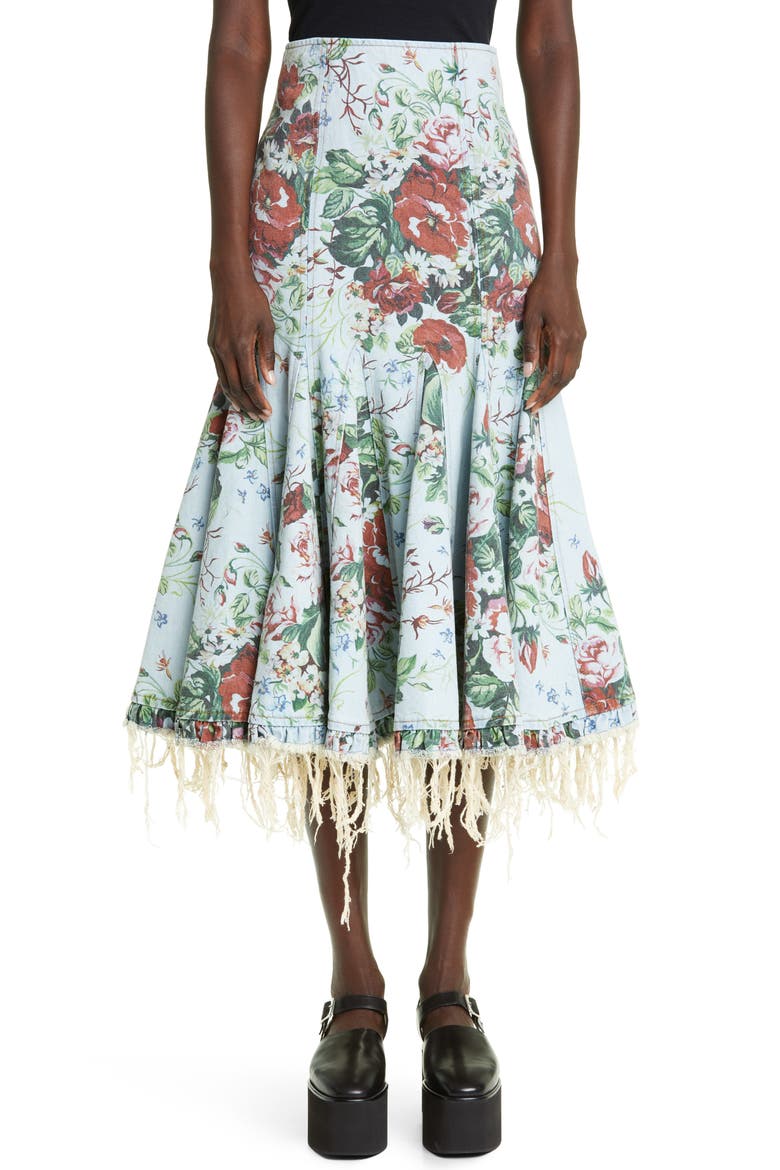 Floral Print Raw Hem Denim Midi Skirt, Main, color, BLUE WASH
