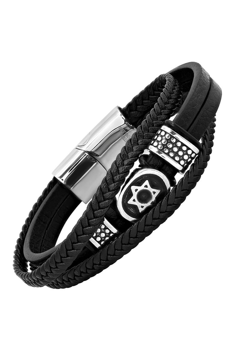 Men's Stainless Steel Star of David Layered Leather Bracelet, Alternate, color, BLACK-METALLIC