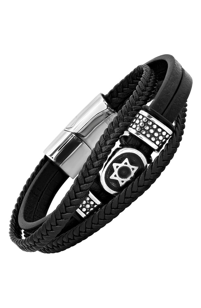 HMY JEWELRY Men's Stainless Steel Star of David Layered Leather Bracelet, Alternate, color, Black-Metallic