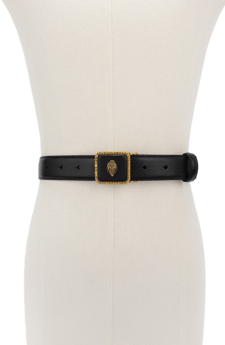 Kurt Geiger London Crystal Eagle Buckle Leather Belt, Alternate, color, Black Antique Brass