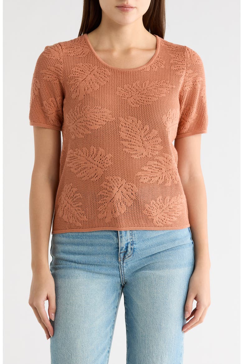 Cotton Jacquard Short Sleeve Sweater, Main, color, R287 CORAL