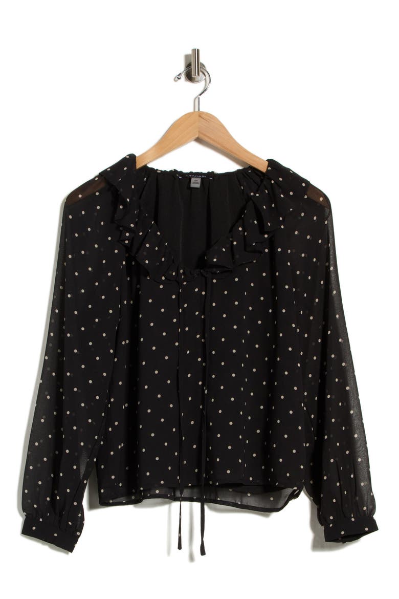 Ruffle Tie Neck Top, Main, color, BLACK/ IVORY DOT