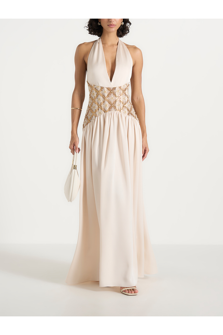 Ava Halterneck Embellished Corset Gathered Maxi Dress, Main, color, Cream
