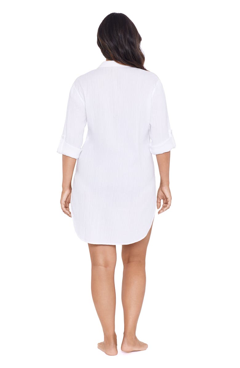 Trimshaper Button-Down High-Low Beach Shirt Coverup, Alternate, color, White
