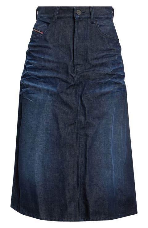 Creased Denim Midi Skirt