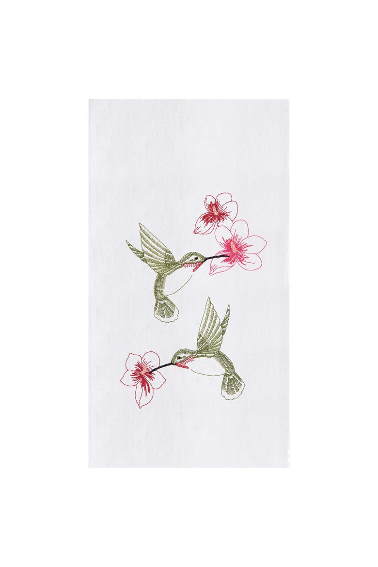 Hummingbird Flower Embroidered Flour Sack Cotton Kitchen Towel, Main, color, White