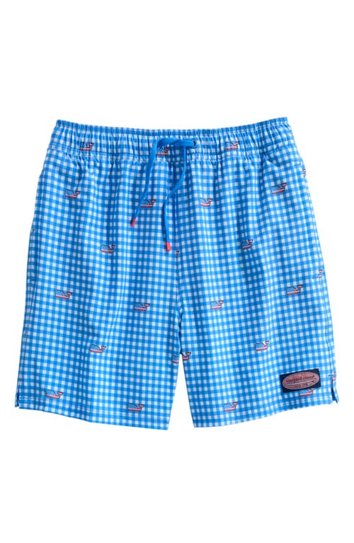 Vineyard Vines Kids' Chappy Beach Print Swim Trunks In Gingham Tideblue