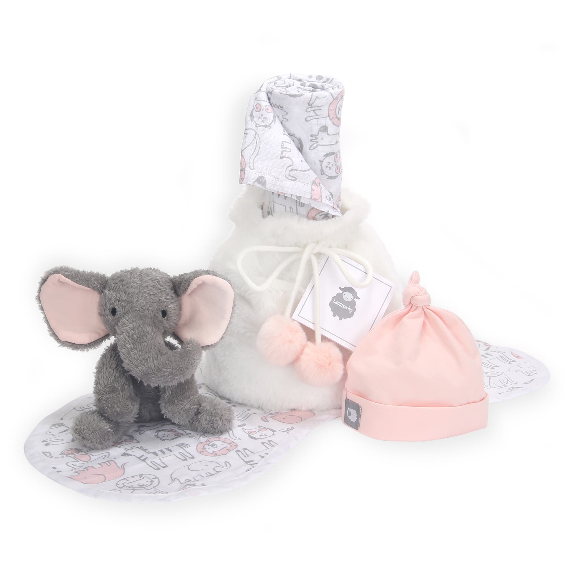 Lambs & Ivy 5 Piece Plush Infant/Newborn Baby Gift Bag with Swaddle in Pink 