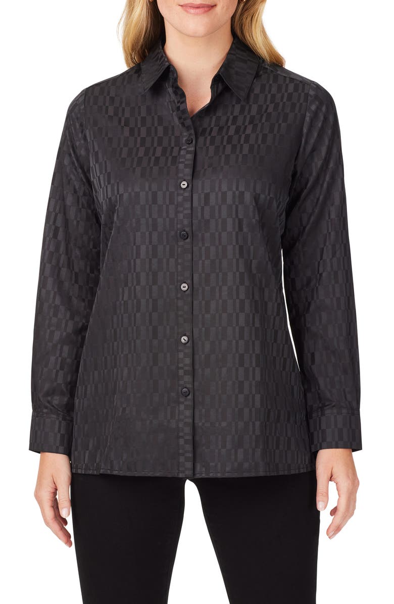 Foxcroft Journey Jacquard Check Cotton Blend Button-Up Shirt, Main, color,