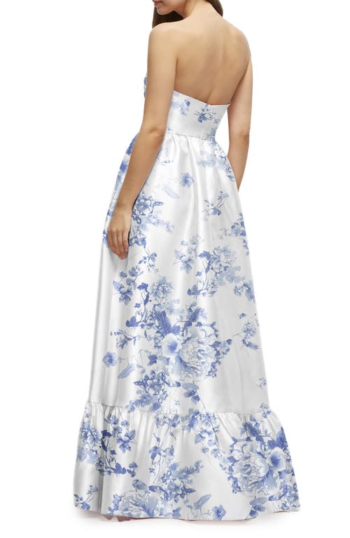 Dessy Collection Floral Strapless Bustier Bodice Satin Gown In Cottage Rose