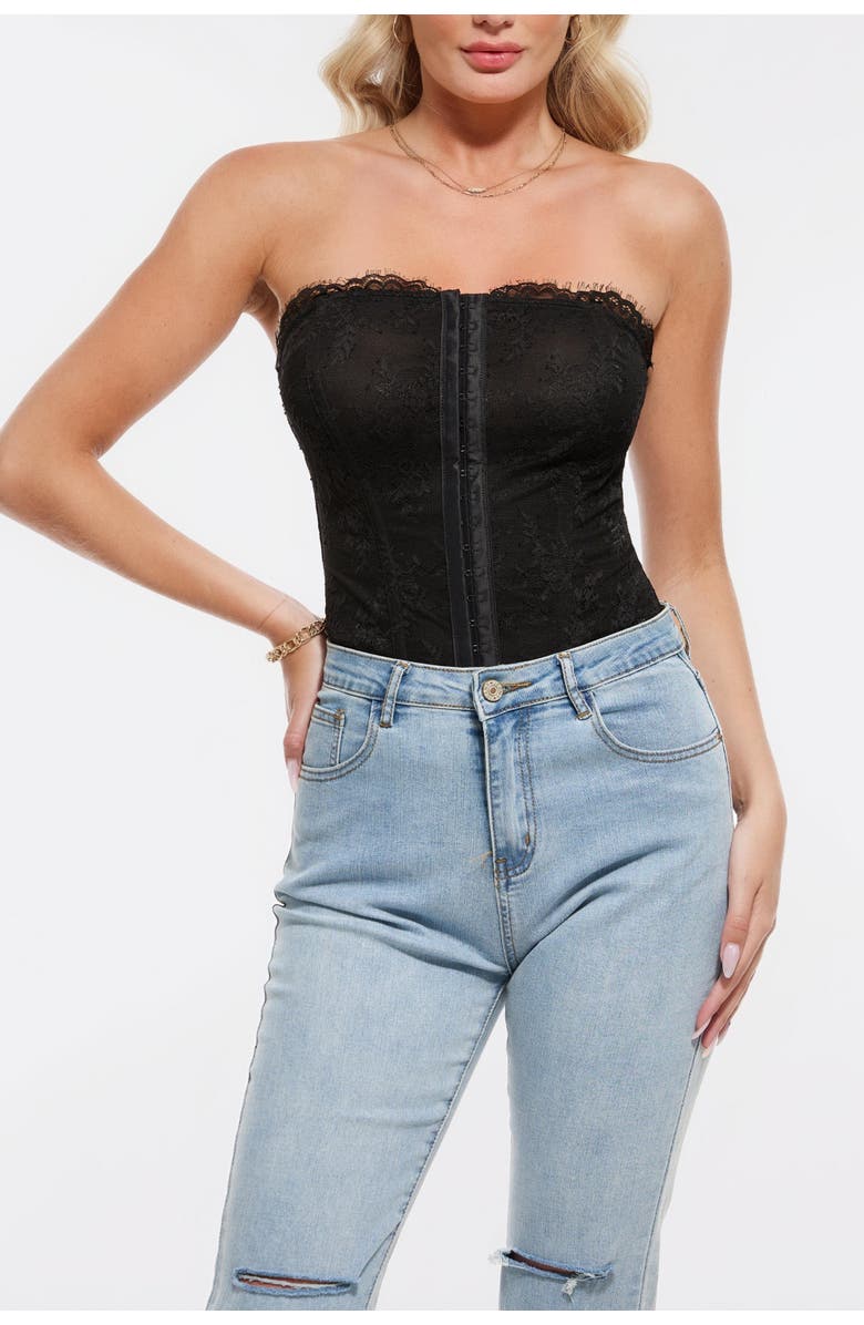 Popilush Leopard Lace Faux Denim Detachable Strap Corset Bustier, Alternate, color, Black Lining
