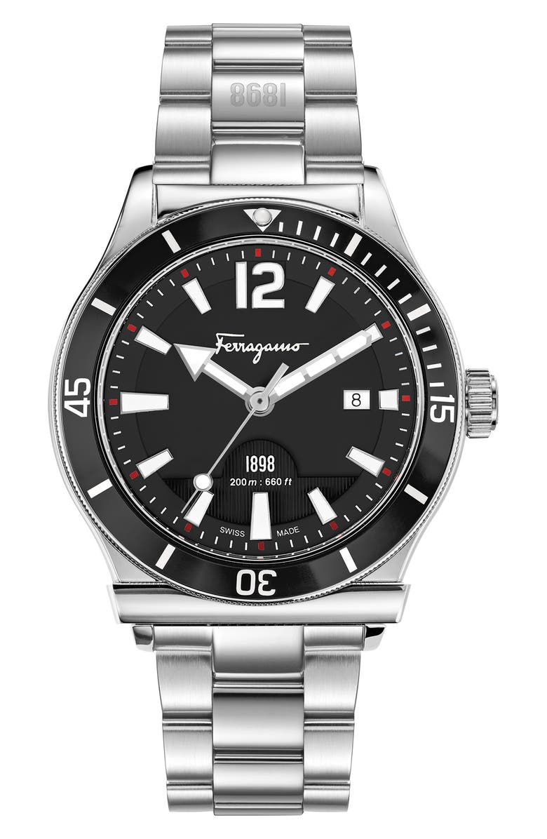 FERRAGAMO Salvatore Ferragamo Men's Ferragamo 1898 Sport Black Dial Stainless Steel Bracelet Watch, 44mm x 10.7mm, Main, color, 