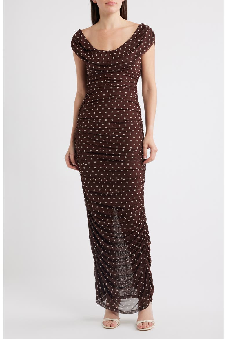 Evangeline Polka Dot Mesh Gown, Main, color, COCOA DOT