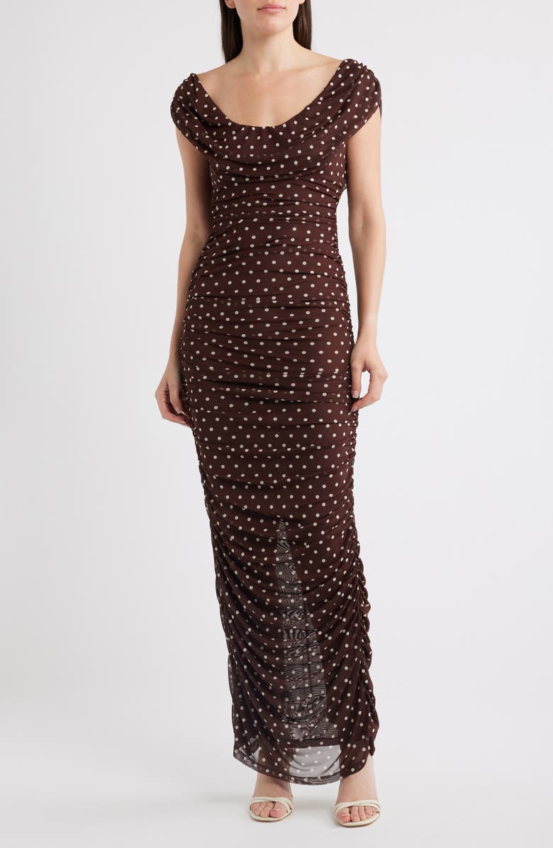 Black Halo Evangeline Polka Dot Mesh Gown, Main, color, Cocoa Dot