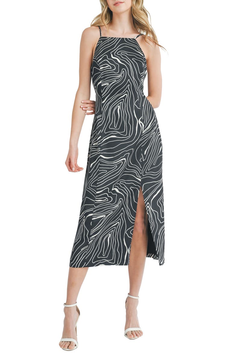 Abstract Print Midi Dress, Main, color, BLACK